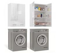 CDF Meuble Dessus Machine à Laver Armoire de Salle de Bain Suspendue à Portes Longues Rangement 4 Étagères 64 x 90 x 30 cm - Blanc Brillant