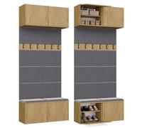 CDF Vestiaire Portant Double 238 cm 2 Sièges Rembourrés 6 Crochets Placards Chaussures Entrée Couloir Niche Moderne Modulable Tip-on sans poignées Chêne Artisan 16 mm Panneau Particules Laminé