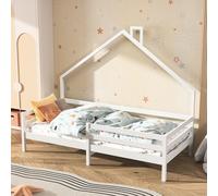 CDGlobal Lit de maison 90x200 - Lit d'enfant avec protection antichute et sommier à lattes, Blanc, Pin massif - Lit Montessori, Enfants, Garçons, Filles, Kids Bed, Lit au sol sur demande