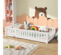 CDGlobal Lit de sol 90x200 cm avec protection contre les chutes et entretoises rondes, Lit Montessori pour enfants garçons et filles en pin massif, sommier à lattes inclus, laqué blanc