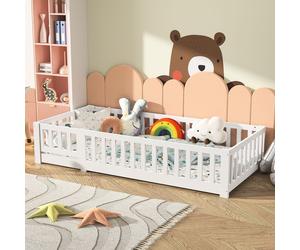 CDGlobal Lit de sol 90x200 cm avec protection contre les chutes et entretoises rondes, Lit Montessori pour enfants garçons et filles en pin massif, sommier à lattes inclus, laqué blanc