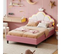 CDGlobal Lit rembourré 90x200cm avec sommier à lattes, Lit d'enfant avec tête de lit en forme de couronne, Lit d'adolescent Lit double avec Led, Lit de princesse Lit en bois, PU