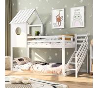 CDGlobal Lit superposé 90x200cm, Lit d'enfant, Lit surélevé avec protection contre la chute et échelle, Lit de maison avec toit et fenêtre, Lit simple pour enfant avec sommier à lattes, Lit cabane en