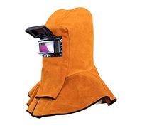 CDIYTOOL Capuche en cuir de vachette, casque de soudure avec filtre à obscurcissement automatique solaire, masque de soudure en cuir de vachette avec protection pour le cou et les épaules