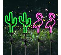 CDIYTOOL Lot de 4 lampes solaires en forme de flamant rose pour extérieur, éclairage néon décoratif, cactus vert et flamant rose