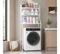 Ce porte-linge en métal à trois niveaux comprend un porte-serviettes et peut accueillir une machine à laver et des toilettes. Des étagères de rangement sont situées au-dessus de la machine à laver et