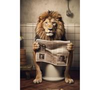 Ceanothe Tableau sur toile Lion sur les toilettes avec journal 65x97 cm Décoration Murale Art Décoratif Muraux Peinture Imprimée en HD Salon Chambre Bureau Bois de Forêt FSC Fabriqué en France
