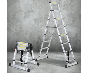 Cecaylie Échelle télescopique de 2 + 2,3 m, en aluminium, cadre en A, 6 + 7 marches, charge maximale : 150 kg, extensible, pour réparations de toit, dimension pliée : 69 cm