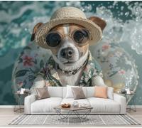 CECE&COLE Art Papier peint Soie Mignon Animaux Photographie 450×315 CM | Chapeau De Paille Bouée Chien Mur XXL Tableaux Muraux Tapisserie Photo Décoration Murale Salon Chambre