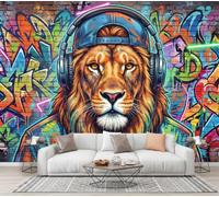 CECE&COLE Papier Peint Panoramique Art De Rue Graffiti Art 450×315 CM | Tapisserie Murales Papier Peint Casque Audio Casquette De Baseball Lion Décoration Murale Salon, Soie Wallpaper