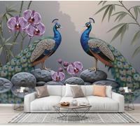 CECE&COLE Papier Peint Panoramique Soie Salon,Animaux Fleurs Paysage 350×256 CM | Motif Paon Orchidée Bambou Tapisserie Murales Papier Peint,Revêtement Mural,Grand Poster Mural