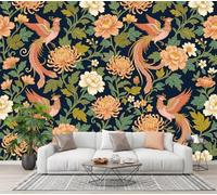 CECE&COLE Papier Peint Photo Soie Classique Floral Oiseau Motif, 400×280 CM | Phénix Pivoine Chrysanthème Mur XXL Muraux,pour Salon Chambre,Revêtement Mural,Papier Peint 3D,Résistant aux UV
