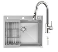 CECIPA 60 x 49 cm Évier de cuisine 1 baignoire avec arc robinet cuisine amovible, évier de cuisine en acier inoxydable avec distributeur de savon pour meuble de 60 cm