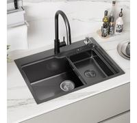 CECIPA 68x48 cm Évier Cuisine noir 1 Bac en Acier Inoxydable, Protection Insonorisante EVA, Évier de Cuisine Avec Siphon et Système d'évacuation pour Armoires 70 cm ou plus