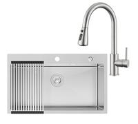 CECIPA 75 x 45 cm Évier en acier avec arc robinet de cuisine amovible, évier de cuisine 1 baignoire inox pour meuble de 80 cm, avec siphon et échappement