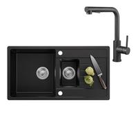 CECIPA 86 x 45 cm Évier noir en granit avec robinet extractible, évier de cuisine 1,5 bacs avec égouttoir pour meuble de 60 cm, évier de cuisine avec siphon et trop-plein
