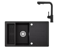 CECIPA Ensemble Evier et Robinet 78 x 45 cm, Evier en Granit Noir Graphite avec Plan d'Egouttage et Robinet Extractible