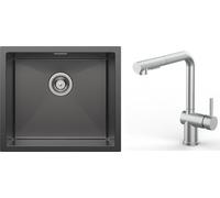 CECIPA Evier artisanal sous plan en acier inoxydable, 50 x 44 cm,Noir + robinet de cuisine extractible Brossé