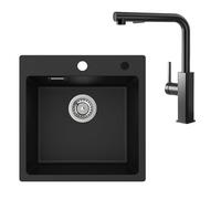 CECIPA Évier Carré Granit Noir 45x45 Cm, Ensemble Avec Mitigeur Extractible Acier Inoxydable Pivotant 360°, 2 Trous De Robinet