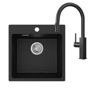 CECIPA Évier Carré Granit Noir 45x45 Cm, Ensemble Avec Mitigeur Extractible Acier Inoxydable Pivotant 360°, 2 Orifices De Robinet