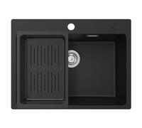CECIPA Evier Cuisine 1 Bac 60 x 45 cm, Evier Noir en Granit avec Panie de Vidange, Lavabo Cuisine pour Meubles Bas de 60 cm, Évier Cuisine Multifonction avec Siphon Classique et Trop-plein