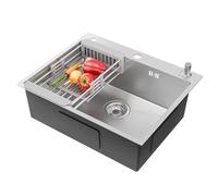 CECIPA Evier Cuisine 1 Bac 60x49CM, Lavabo Cuisine Inox Trous Pour Robinets Et Distributeur De Savon Et Panier TéLescopique, Convient Aux Armoires De Plus De 60CM