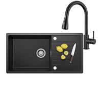 CECIPA Évier Cuisine 86 x 45cm, Robinet Cuisine avec Douchette, Lavabo Cuisine Avec Siphon & Trop-Plein, Résistant à l'usure et aux chocs, Évier Installation Réversible, avec Kit de Vidage