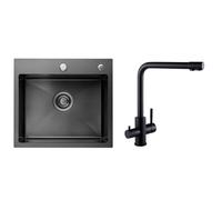CECIPA Evier de cuisine 50cm* 45cm Anthracite noir + robinetterie de cuisine pour le traitement de l'eau noir