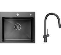 CECIPA Evier de cuisine 50cm* 45cm noir anthracite + robinetterie de cuisine extractible noir haute pression