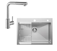 CECIPA Évier de Cuisine 60×45 cm avec Robinet Extractible, Bac Simple Rectangulaire en Acier Inoxydable Brossé, 2 Orifices pour Robinet, Livré avec Porte-vaisselle et Siphon