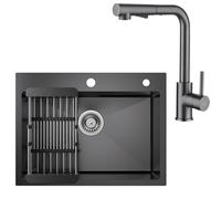 CECIPA Évier de Cuisine Anthracite Noir 60x45cm avec Robinet Extractible, Bac Simple Rectangulaire Encastrable 2 Orifices, Finition Brossée, Livré avec Égouttoir et Siphon