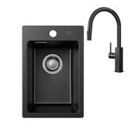 CECIPA Évier de cuisine, en granit, 30 x 45 cm, noir, avec mitigeur, petit évier pour meuble bas à partir de 30 cm, robinet extensible avec fonction douchette à 360°