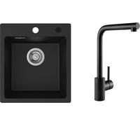 CECIPA Evier de cuisine en granit 40*45cm, noir étoilé + robinetterie de cuisine haute pression 7 trous, noir