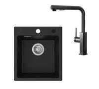 CECIPA Évier De Cuisine Granit Noir 40x45 Cm Rectangulaire Encastrable Certifié TÜV, Ensemble Avec Mitigeur Extractible Et Kit D'évacuation