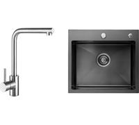 CECIPA Evier de cuisine inox 50 x 45 cm noir Evier + robinet de cuisine normal Chrome