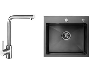 CECIPA Evier de cuisine inox 50 x 45 cm noir Evier + robinet de cuisine normal Chrome