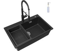 CECIPA Évier de cuisine noir avec robinet douchette abaissable, 70 x 45 cm, en granit avec bonde et trop-plein, évier encastrable à partir de 80 cm d'armoire