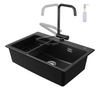CECIPA Évier de Cuisine Noir en Granit 70 x 45 cm, 1 Bac Encastrable pour Meuble 80cm, Robinet Extensible, Distributeur de Savon, Panier de Vidange et Siphon