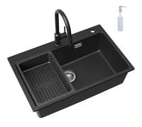 CECIPA Évier de Cuisine Noir en Granit 70x45x20 cm, 1 Bac Encastrable pour Armoire plus 80cm, Évier avec Robinet Extensible, Bonde et Trop-Plein