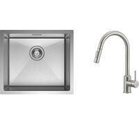 CECIPA évier de cuisine sous plan en acier inoxydable 50 x 44 cm brossé + robinet de cuisine extractible haute pression brossé