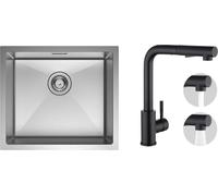 CECIPA évier de cuisine sous plan en acier inoxydable 50 x 44 cm brossé + robinet de cuisine haute pression extractible noir