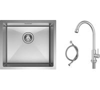 CECIPA évier de cuisine sous plan en acier inoxydable fait main 50 x 44 cm brossé + un robinet de cuisine à froid de couleur brossée
