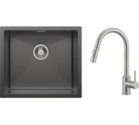 CECIPA évier de cuisine sous plan en acier inoxydable fait main 50 x 44 cm noir + robinet de cuisine extractible brossé haute pression