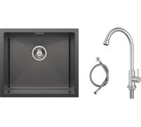 CECIPA évier de cuisine sous plan en acier inoxydable fait main 50 x 44 cm noir + un robinet de cuisine froid couleur brossée