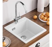 CECIPA Évier Granit Blanc 40×45cm, Petit Bac Unique Rectangulaire Encastrable, Évier Moderne avec Kit d'Évacuation pour Petite Cuisine