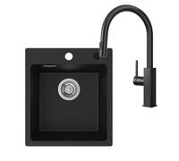 CECIPA Évier Granit Noir 40x45 Cm Avec Robinet Extractible En Acier Inoxydable, Évier Encastrable Rectangulaire 2 Trous, Kit Complet Pour Cuisine Moderne