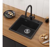 CECIPA Évier Granit Noir 45x45cm, Bac Carré Encastrable Moderne avec 2 Orifices de Robinet, Ensemble Complet pour Cuisine