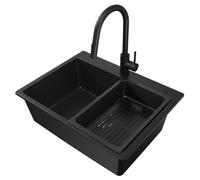CECIPA Évier Granit Noir 60x45 Cm Avec Robinet Extensible, Évier Cuisine 1 Bac, Panier Filtrant, Siphon Et Ensemble Vidage-Trop-Plein Inclus