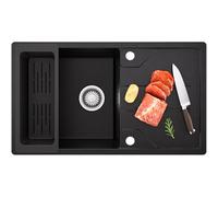 CECIPA Évier Noir 78 x 45 cm, Évier de Cuisine en Granit avec Panier de Filtration, Évier de Cuisine avec Installation Réversible, Lavabo de Cuisine Évier Encastrable incl. Siphon ainsi que Garniture