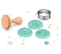 CÉCOA • Tampon Biscuits Sirène 3 Empreintes + Emporte-Pièce Rond • Kit Pâtisserie Enfant • Moule Sablés Décorés • Silicone Alimentaire Sans BPA • Bois & Inox • Facile à Nettoyer